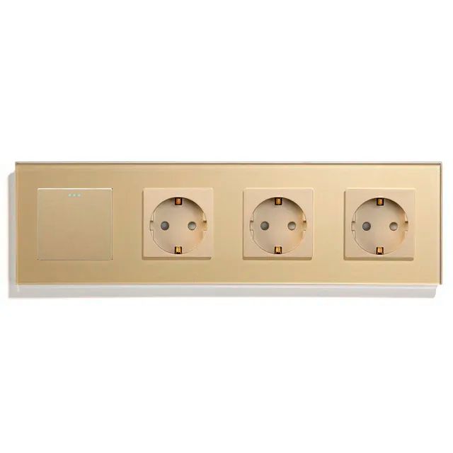 Купить Выключатель с розеткой, 1 клавиша 3 розетки, 4 поста (M1+3F) рамка стекло 299х86мм цвет золото в интернет-магазине Mvava.ru