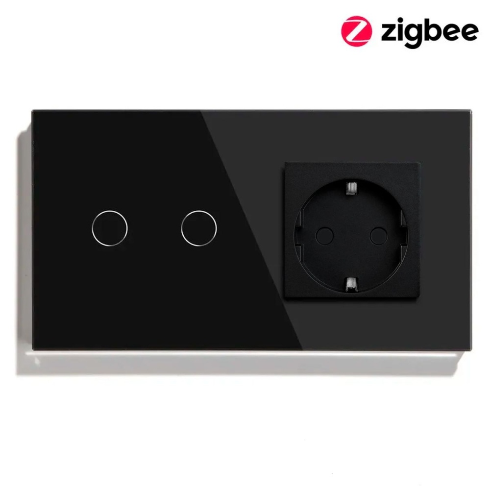 Купить Сенсорный выключатель ZigBee MVAVA 2кл. 1 розетка, 2 поста (2G+1EU) стекло 157х86мм цвет черный в интернет-магазине Mvava.ru