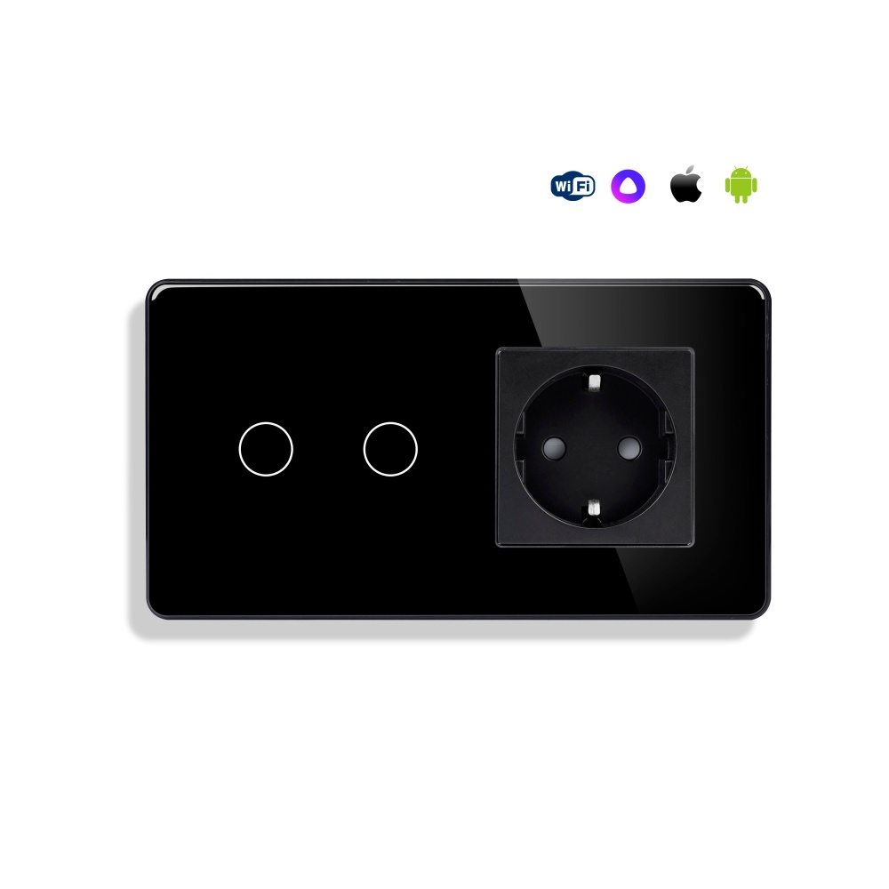 Купить Сенсорный выключатель WiFi с нулем 2кл. 1розетка 2поста (2G+1EU) стекло 2.5D 157х86мм цвет черный в интернет-магазине Mvava.ru