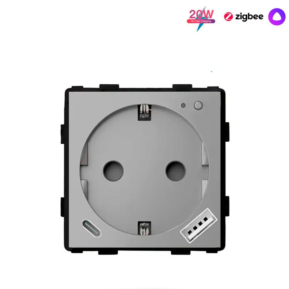 Купить Механизм розетки ZigBee с Usb/Type-C АC быстрая зарядка 20Вт, (без рамки) цвет серый в интернет-магазине Mvava.ru
