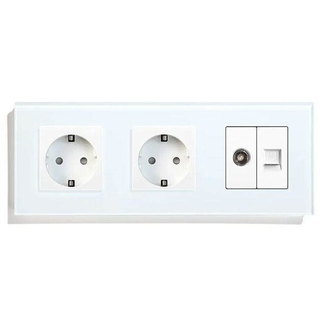 Купить Розетка 3 поста с интернет/тв, CAT5e/TV, рамка 228х86мм стекло, цвет белый в интернет-магазине Mvava.ru