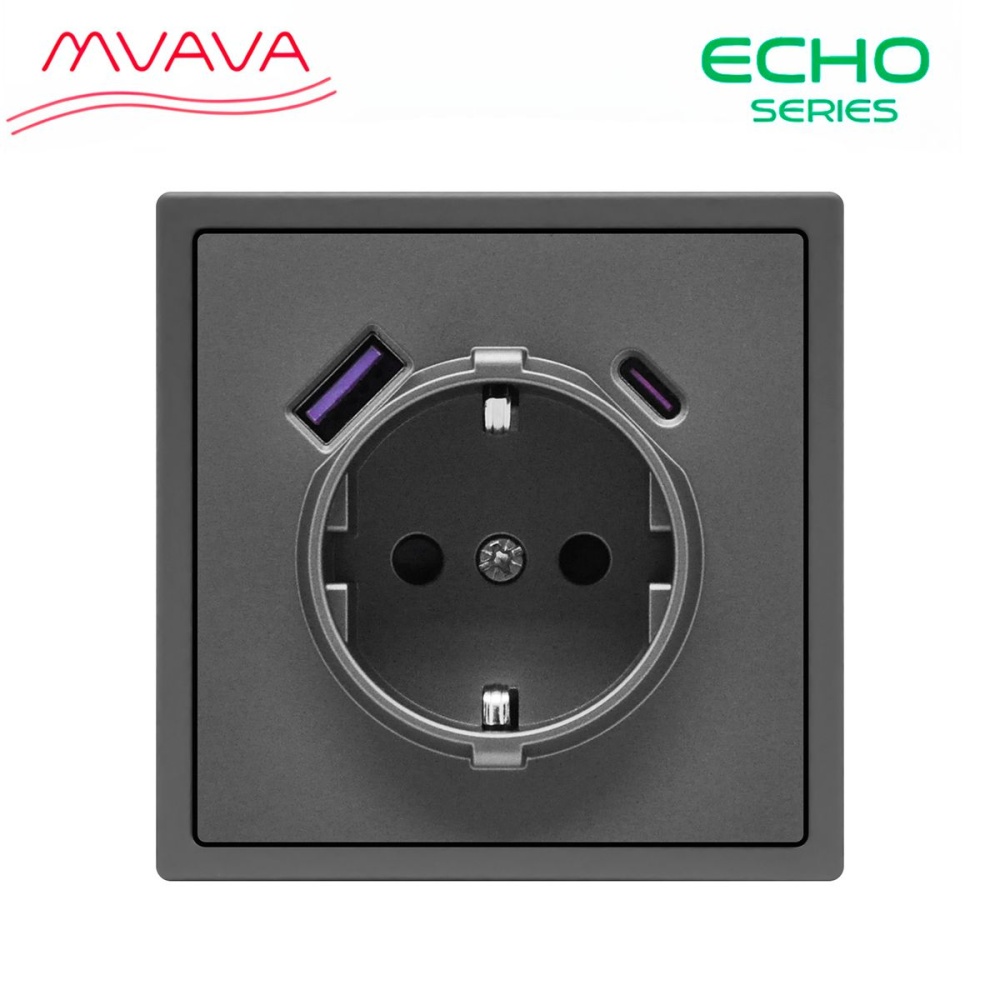 Розетка электрическая echo 1 пост с Usb/Type-C АC, быстрая зарядка 20W, цвет серый MVAVA