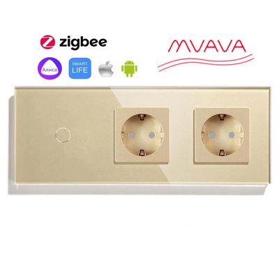 Купить Сенсорный выключатель ZigBee MVAVA 1кл. 2 розетки, 3 поста (1G+2EU) стекло 228х86мм цвет золотой в интернет-магазине Mvava.ru