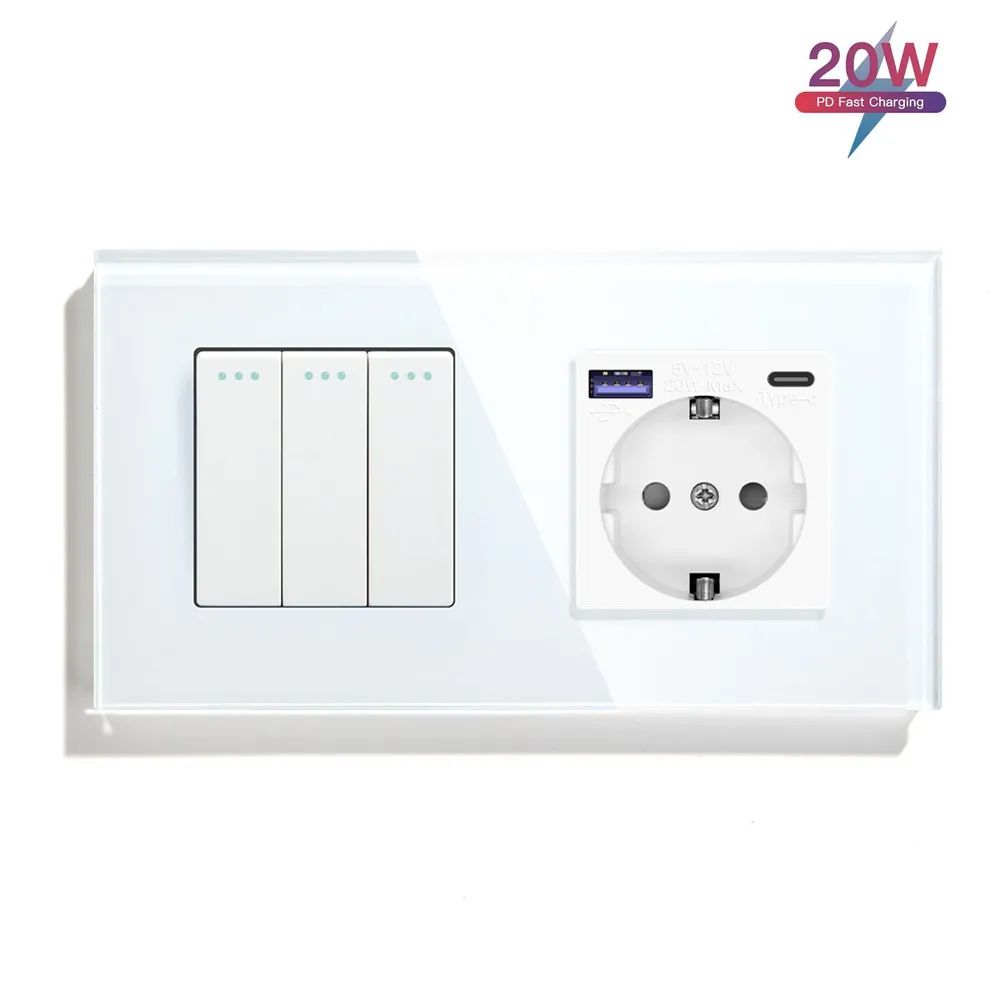 Купить Выключатель с розеткой USB и type-C, 3 клавиши 1 розетка быстрая зарядка 20w, 2 поста (М3+1F) рамка  в интернет-магазине Mvava.ru