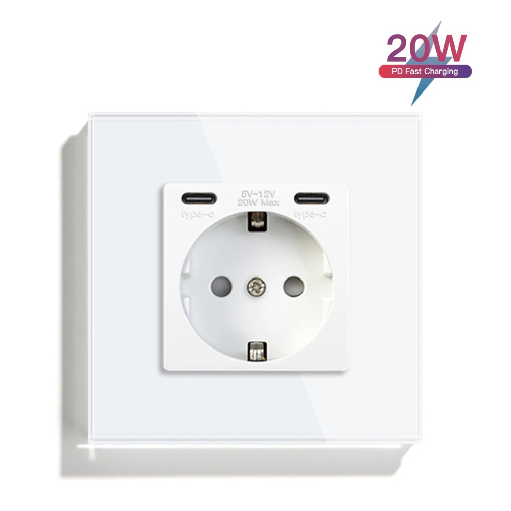 Купить Розетка электрическая 1 пост СC, быстрая зарядка 20W, стекло 86х86 мм, цвет белый в интернет-магазине Mvava.ru