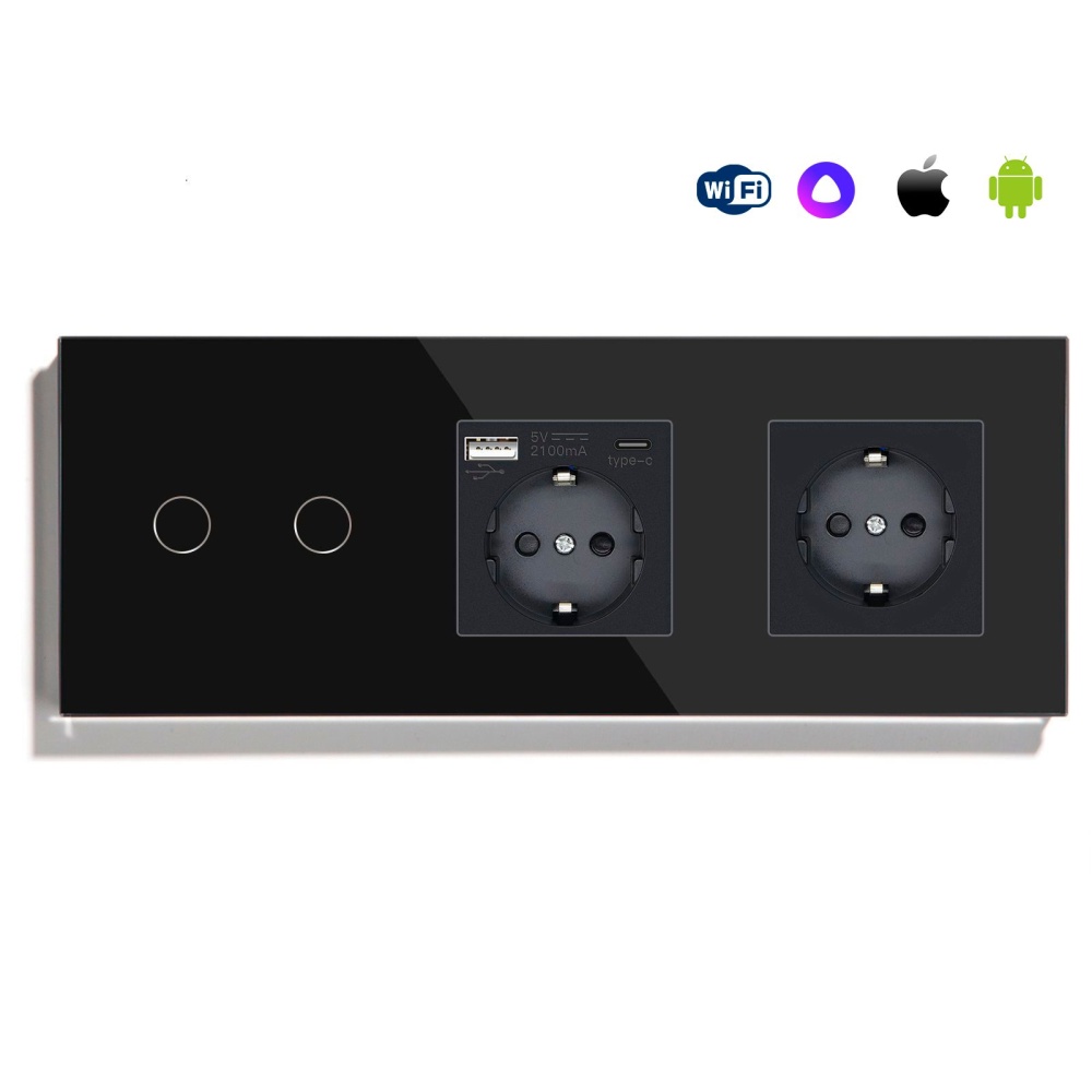 Купить Сенсорный выключатель WiFi 2 клавиши 2 розетки 3 поста (2G+AC/EU) стекло 228х86мм цвет черный в интернет-магазине Mvava.ru
