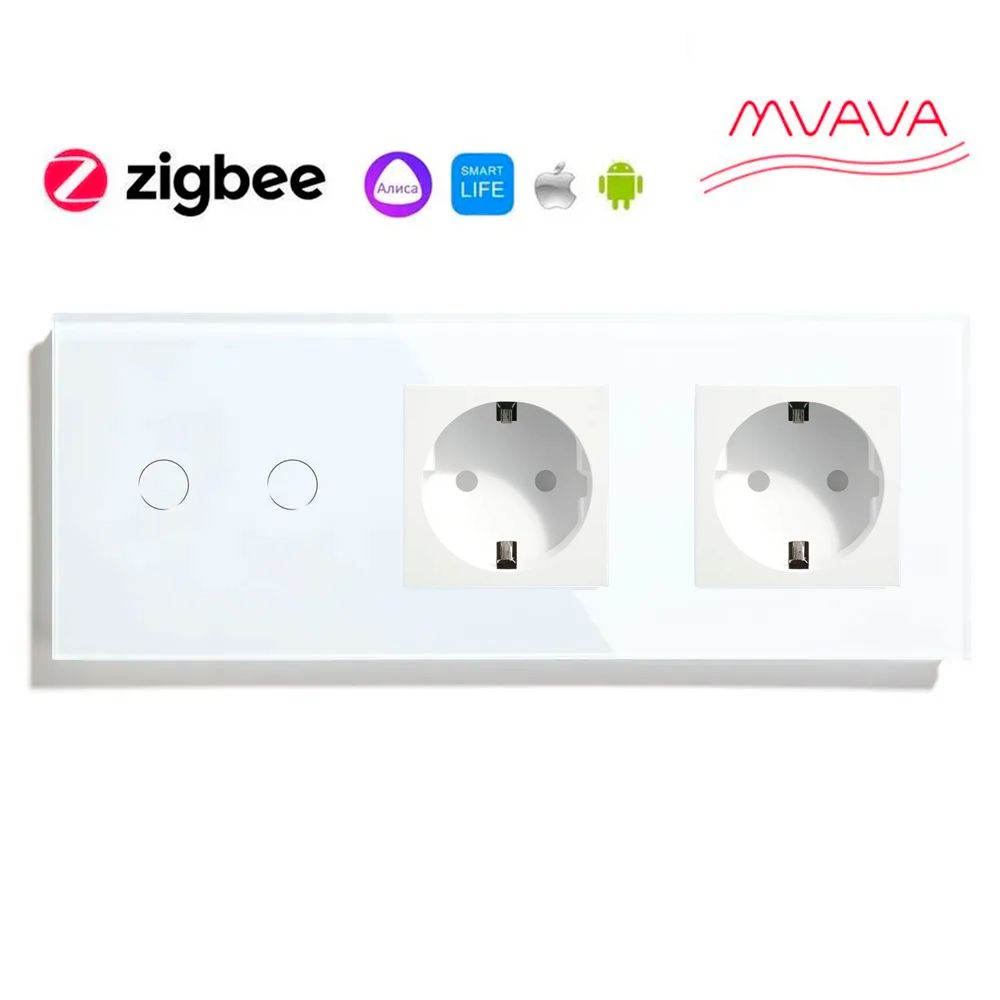 Купить Сенсорный выключатель ZigBee MVAVA 2кл. 2 розетки, 3 поста (2G+2EU) стекло 228х86мм цвет белый в интернет-магазине Mvava.ru