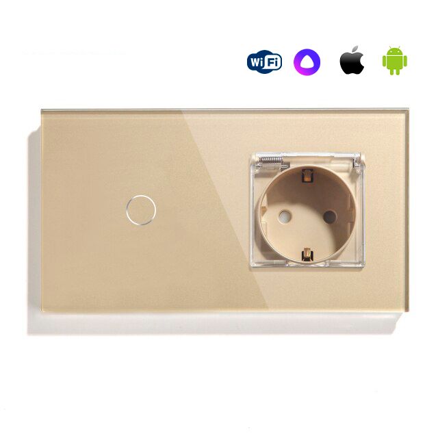 Купить Сенсорный выключатель WiFi с нулем 1кл. 1розетка IP44 2поста (1G+EU) стекло 157х86мм цвет золотой в интернет-магазине Mvava.ru