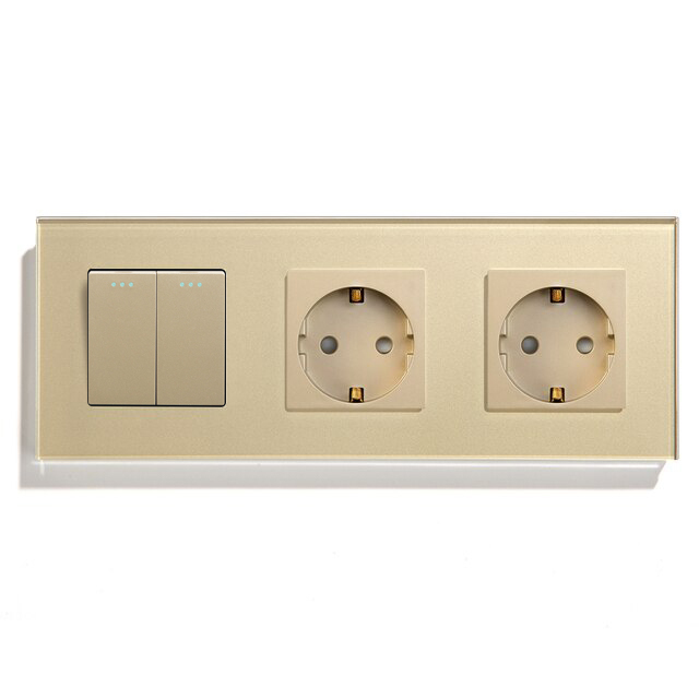 Купить Выключатель с розеткой, 2 клавиши 2 розетки, 3 поста (M2+2F) рамка стекло 228х86мм цвет золотой в интернет-магазине Mvava.ru