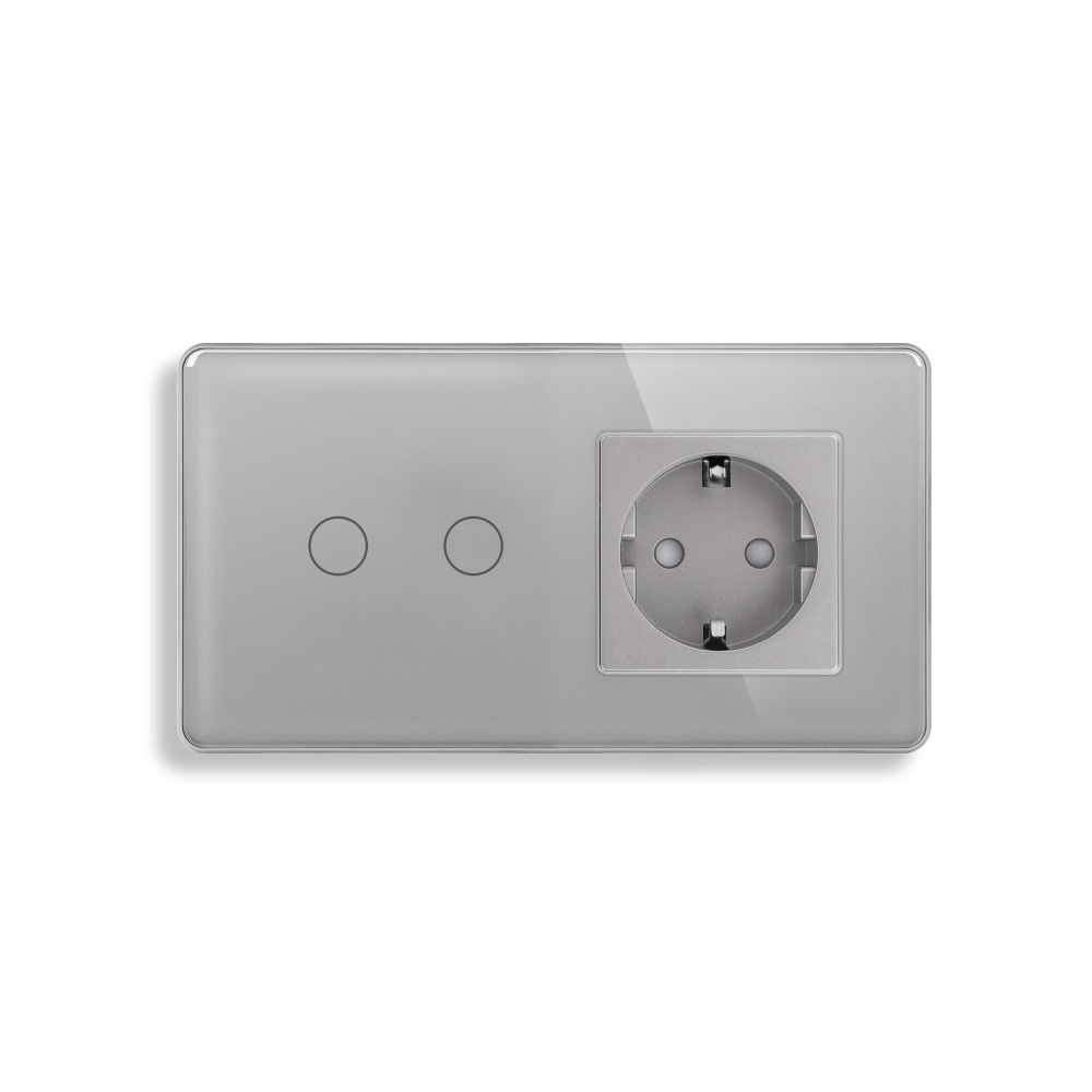 Купить Сенсорный выключатель с розеткой 2кл. 1 розетка, 2 поста (2G+1EU) стекло 2.5D 157х86мм цвет серый в интернет-магазине Mvava.ru