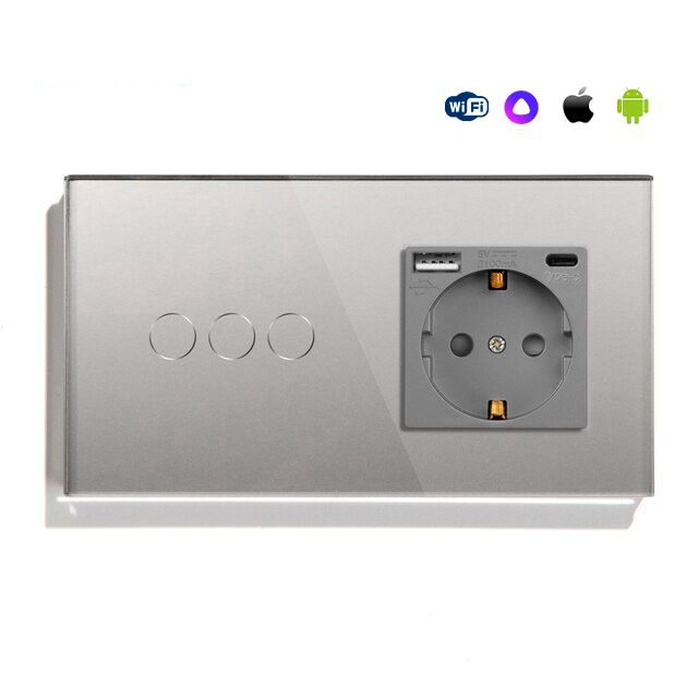 Купить Сенсорный выключатель WiFi с нулем 3кл. 1розетка 2поста (3G+1AС) стекло 157х86мм цвет серый в интернет-магазине Mvava.ru