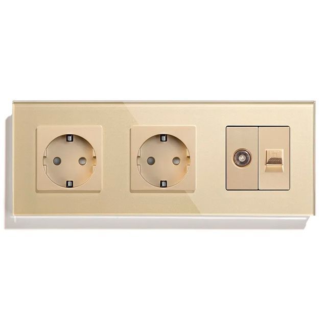 Купить Розетка 3 поста с интернет/тв, CAT5e/TV, рамка 228х86мм стекло, цвет золото в интернет-магазине Mvava.ru