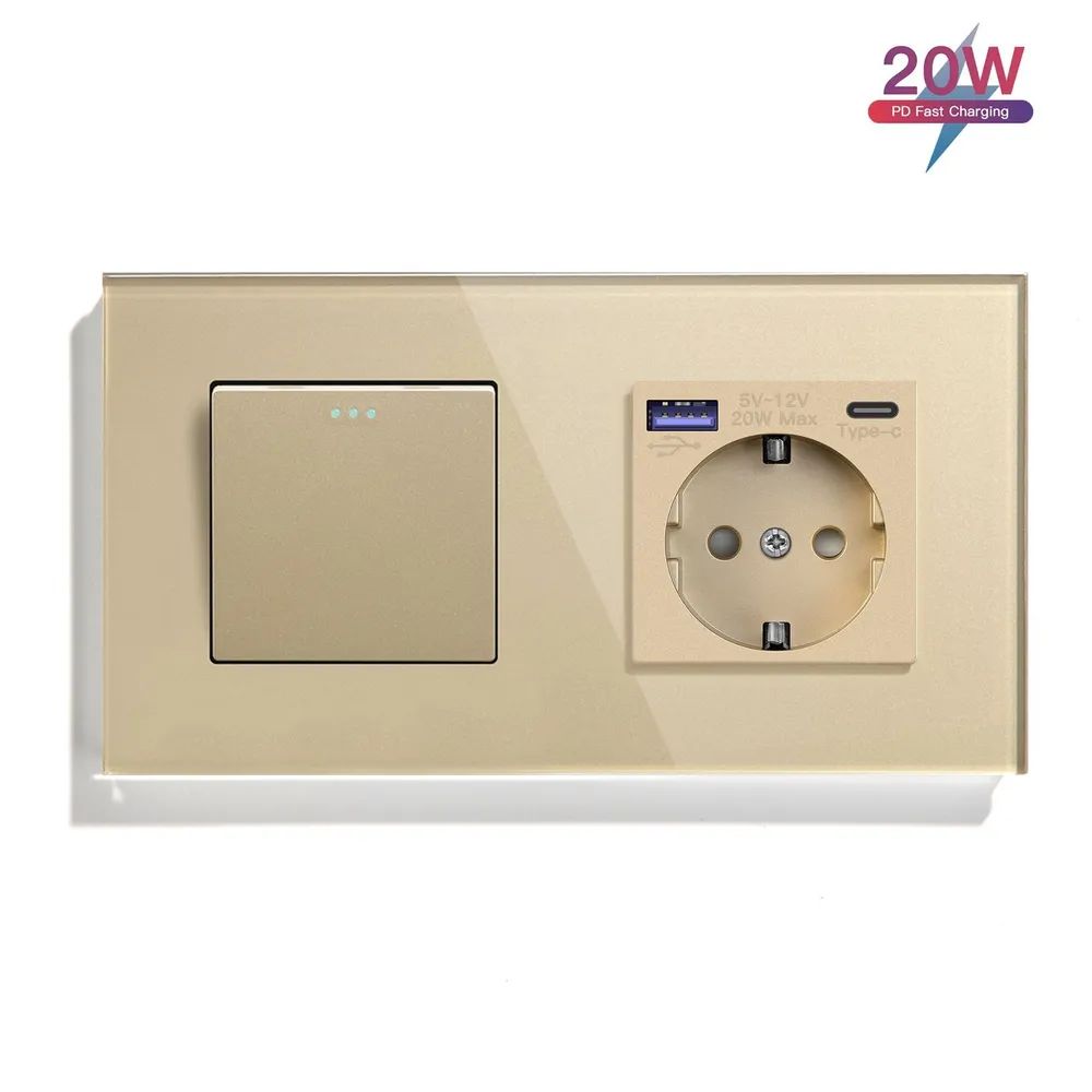 Купить Выключатель с розеткой USB и type-C, 1 клавиша 1 розетка быстрая зарядка 20w, 2 поста (М1+1F) рамка  в интернет-магазине Mvava.ru