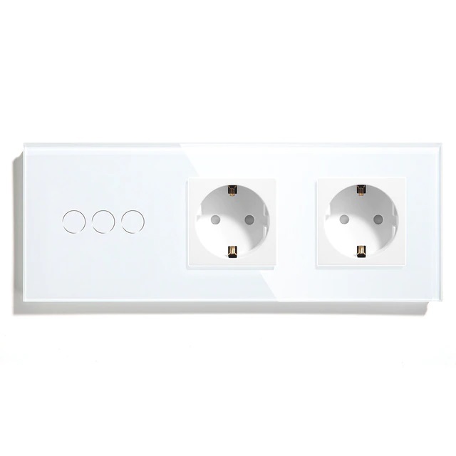 Купить Сенсорный выключатель с розеткой 3кл. 2 розетки, 3 поста (3G+2EU) стекло 228х86мм цвет белый в интернет-магазине Mvava.ru