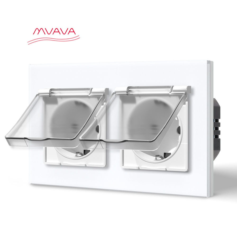 Купить Розетка влагозащищенная с крышкой, 2 поста, рамка 157х86 стекло, цвет белый в интернет-магазине Mvava.ru