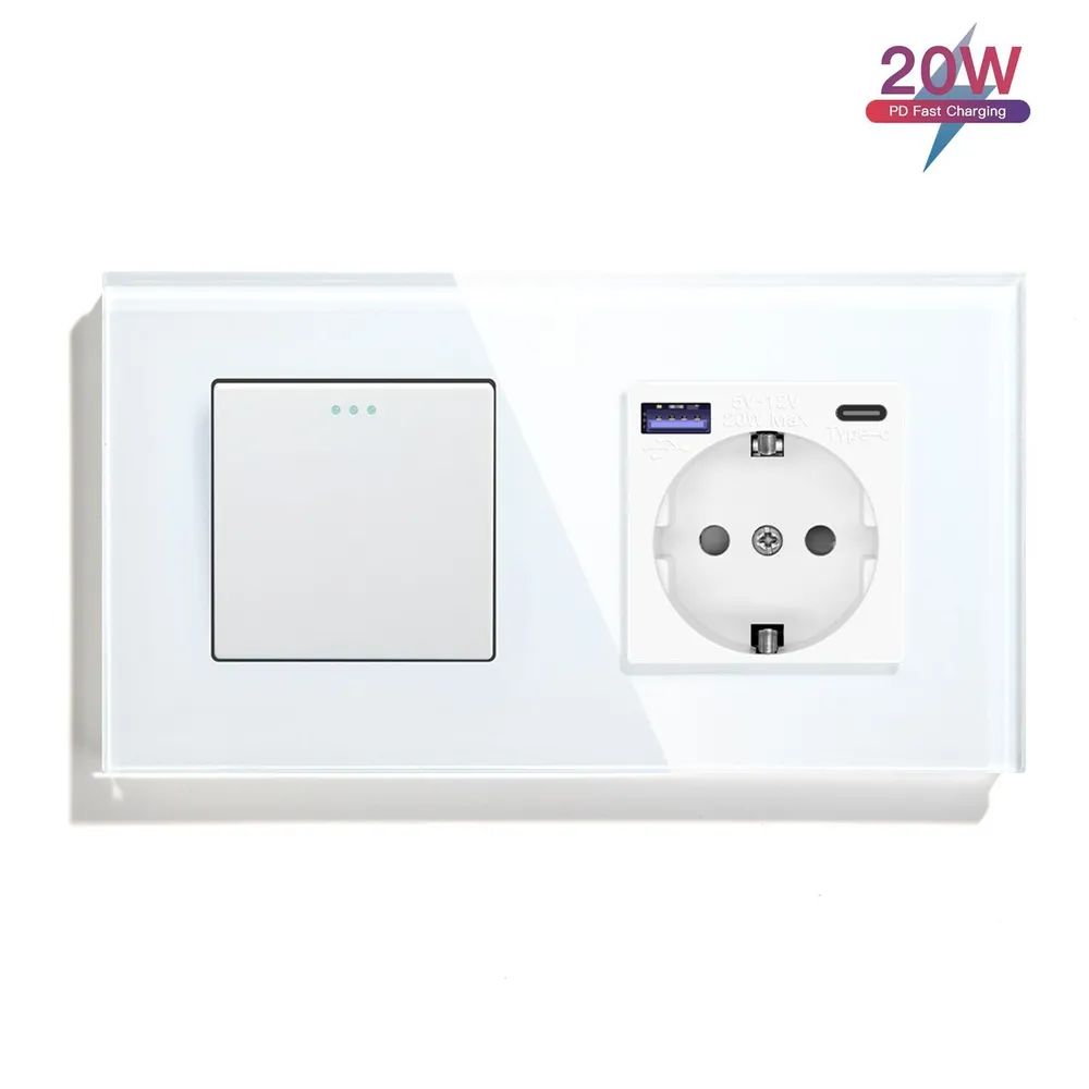 Купить Выключатель с розеткой USB и type-C, 1 клавиша 1 розетка быстрая зарядка 20w, 2 поста (М1+1F) рамка  в интернет-магазине Mvava.ru