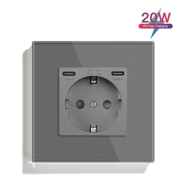Купить Розетка электрическая 1 пост СC, быстрая зарядка 20W, стекло 86х86 мм, цвет серый в интернет-магазине Mvava.ru