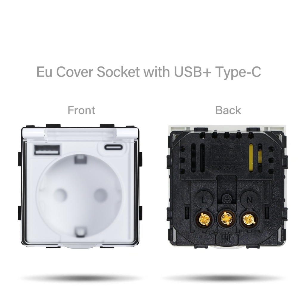 Купить Розетка c крышкой, Usb/Type-C 20w 2 поста 16А рамка 157х86мм стекло, цвет черный в интернет-магазине Mvava.ru