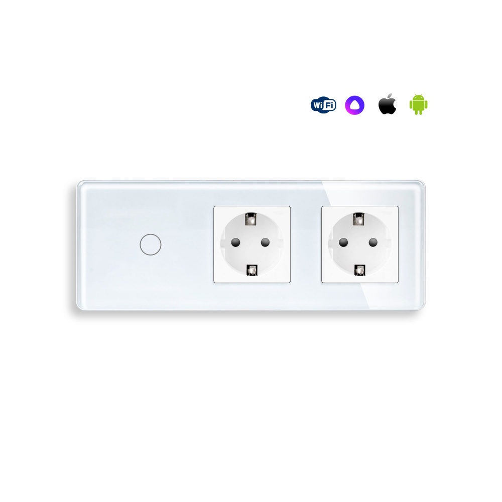 Купить Сенсорный выключатель WiFi с нулем 1кл. 2розетки 3поста (1G+2EU) стекло 2.5D 228х86мм цвет белый в интернет-магазине Mvava.ru