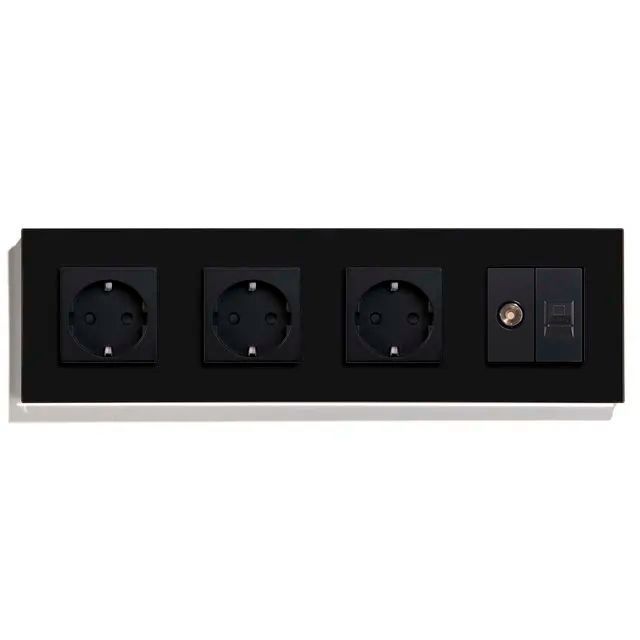 Купить Розетка 4 поста с интернет/тв, CAT5e/TV, рамка 299х86мм стекло, цвет черный в интернет-магазине Mvava.ru