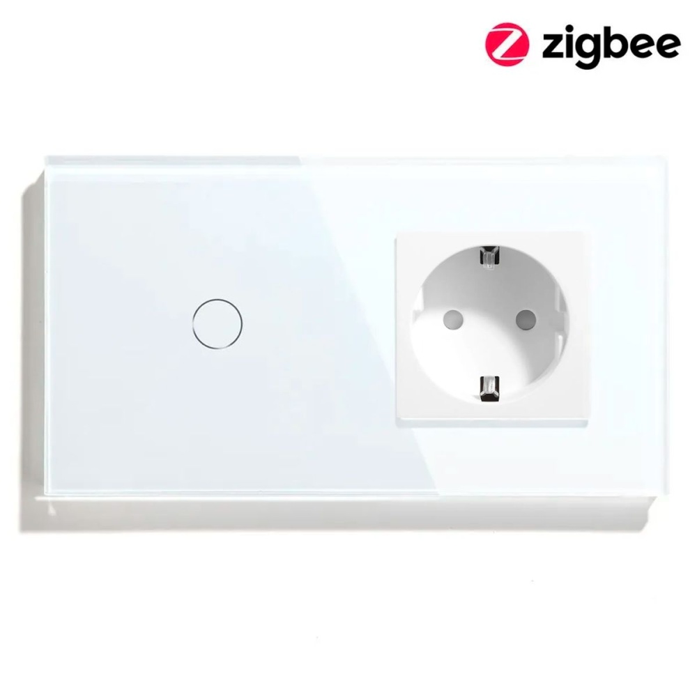 Купить Сенсорный выключатель ZigBee MVAVA 1кл. 1 розетка, 2 поста (1G+1EU) стекло 157х86мм цвет белый в интернет-магазине Mvava.ru