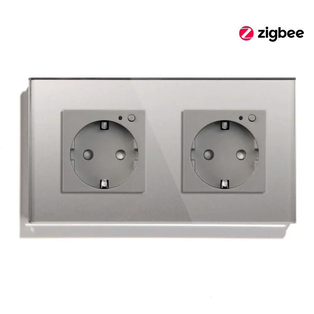 Купить Розетка ZigBee 2 поста, 16А рамка стекло 86х86мм цвет серый в интернет-магазине Mvava.ru