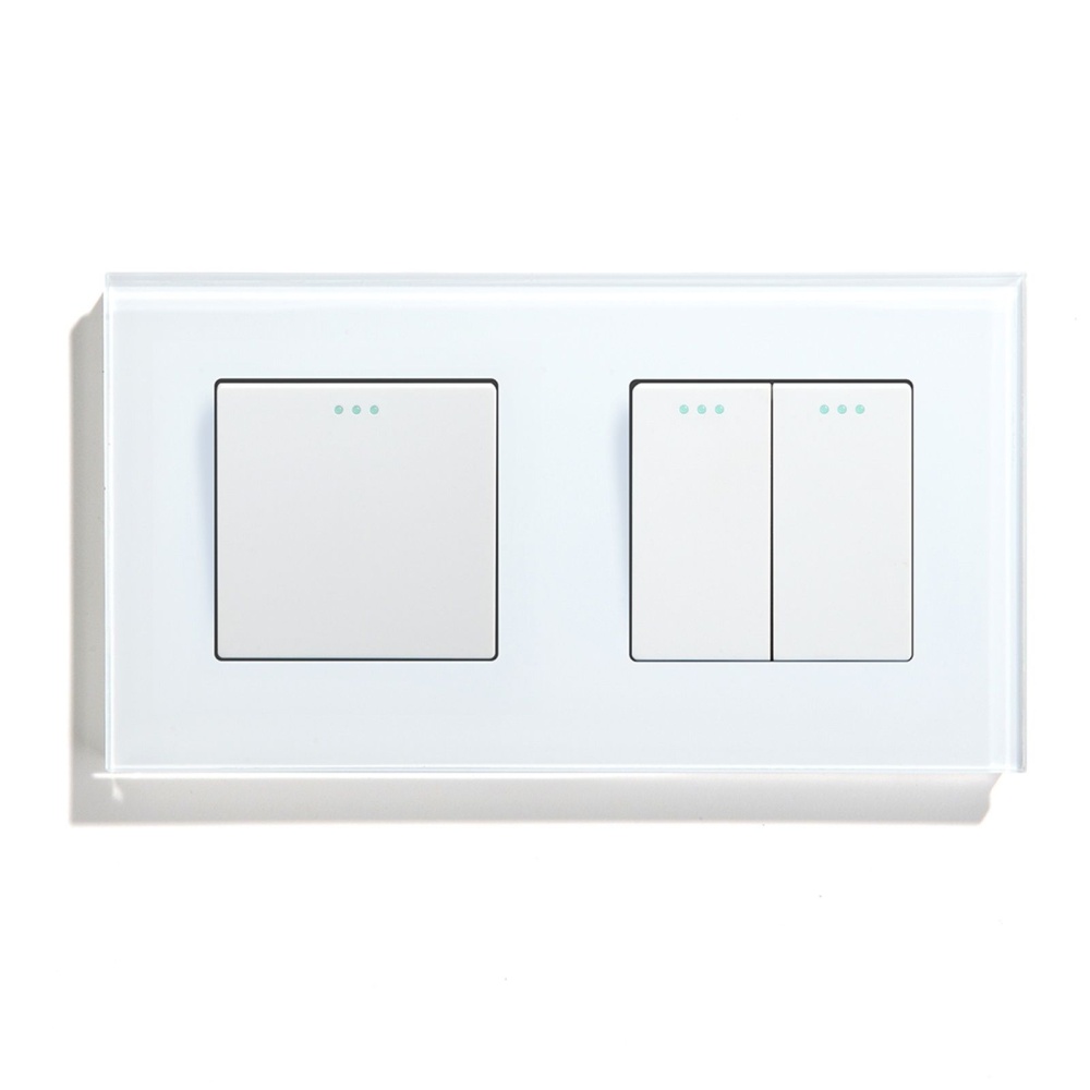 Купить Выключатель 3 клавиши 2 поста (М1+М2) рамка стекло 157х86мм цвет белый в интернет-магазине Mvava.ru