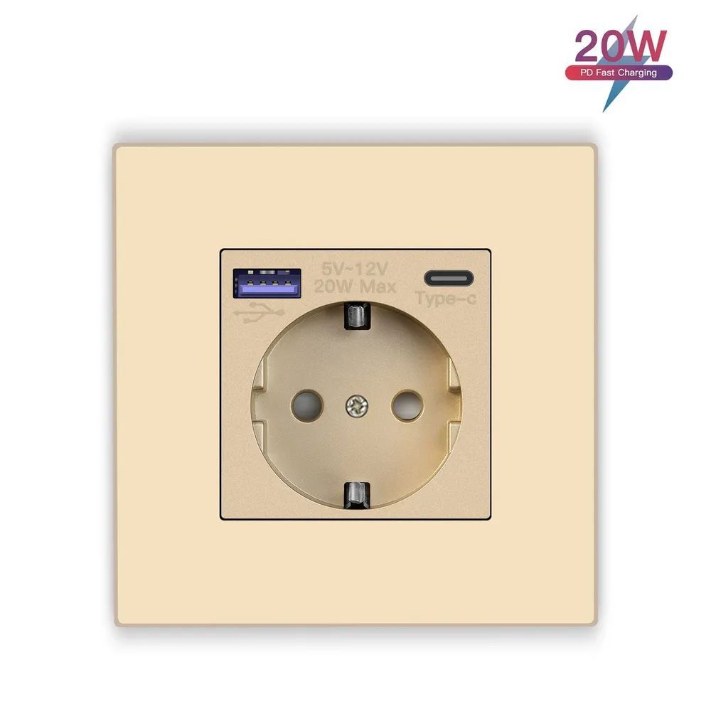 Купить Розетка электрическая 1 пост с Usb/Type-C АC, быстрая зарядка 20W, рамка пластик, цвет золото в интернет-магазине Mvava.ru