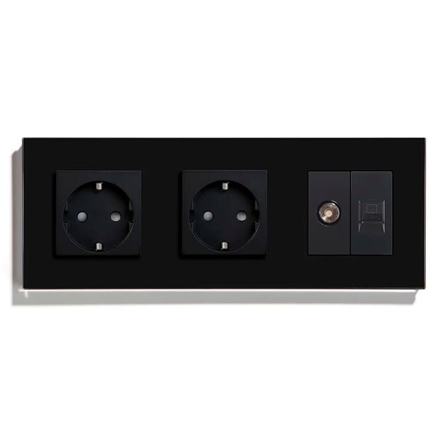 Купить Розетка 3 поста с интернет/тв, CAT5e/TV, рамка 228х86мм стекло, цвет черный в интернет-магазине Mvava.ru
