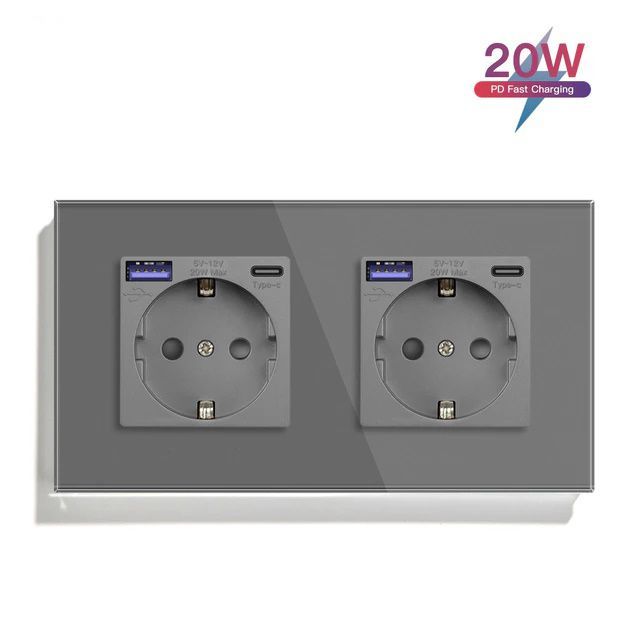 Купить Розетка электрическая 2 поста AC, быстрая зарядка 20W, стекло 157х86 мм, цвет серый в интернет-магазине Mvava.ru