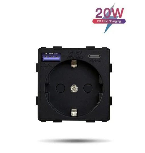 Купить Механизм розетки (без рамки) с Usb/Type-C АC, быстрая зарядка 20Вт, цвет черный в интернет-магазине Mvava.ru