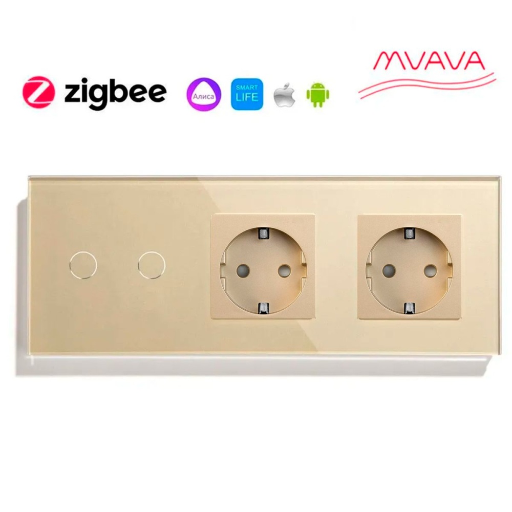 Купить Сенсорный выключатель ZigBee MVAVA 2кл. 2 розетки, 3 поста (2G+2EU) стекло 228х86мм цвет золотой в интернет-магазине Mvava.ru