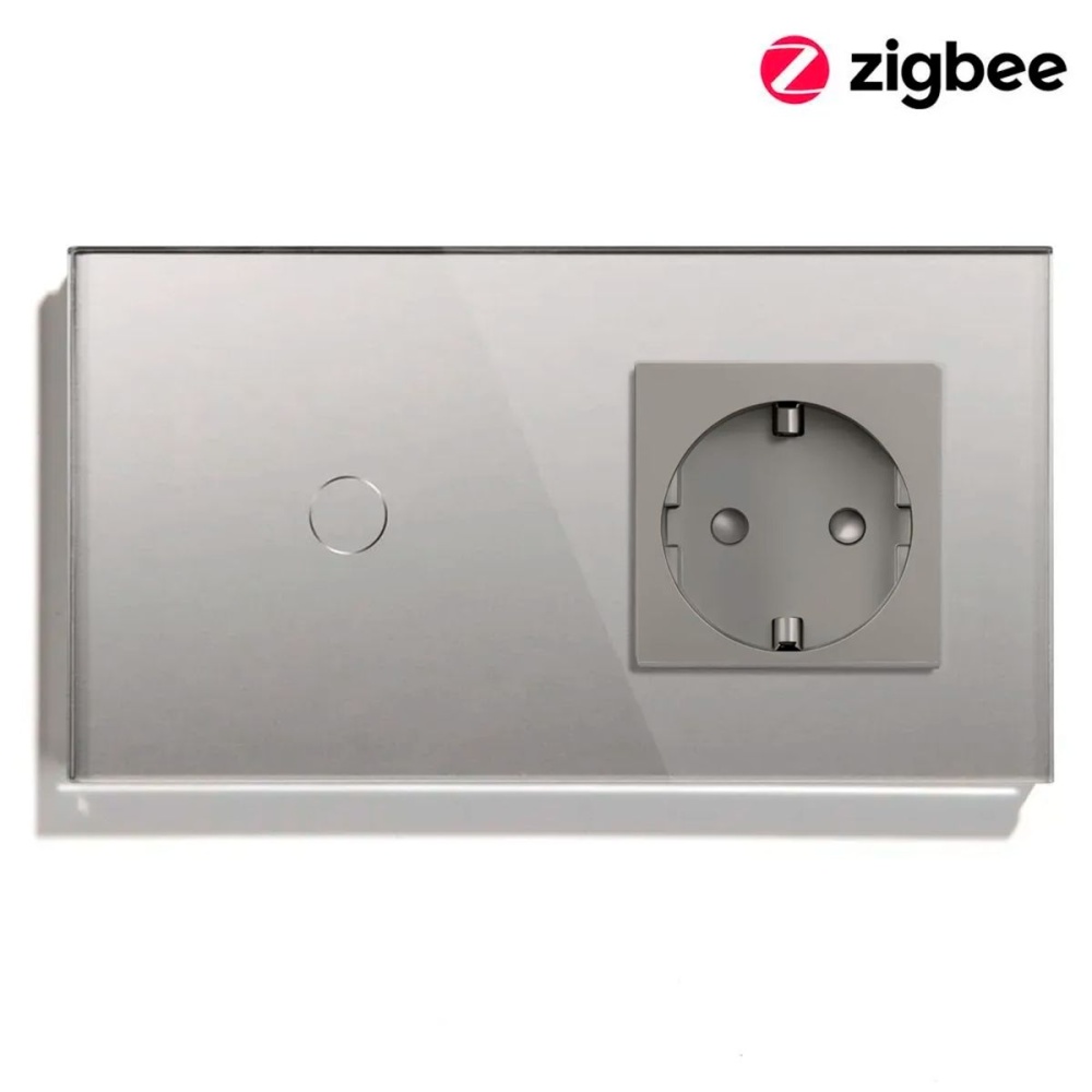 Купить Сенсорный выключатель ZigBee MVAVA 1кл. 1 розетка, 2 поста (1G+1EU) стекло 157х86мм цвет серый в интернет-магазине Mvava.ru