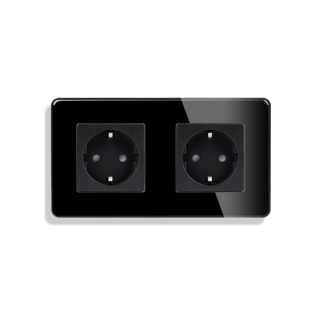 Купить Розетка электрическая 2 поста 16А, рамка 157х86мм стекло 2.5D, цвет черный в интернет-магазине Mvava.ru