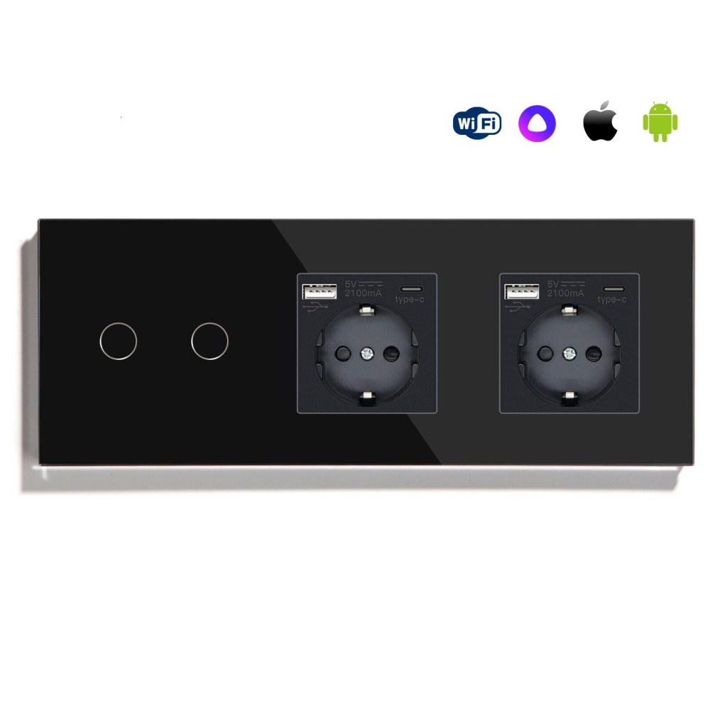 Купить Сенсорный выключатель WiFi 2 клавиши 2 розетки 3 поста (2G+2AC) стекло 228х86мм цвет черный в интернет-магазине Mvava.ru