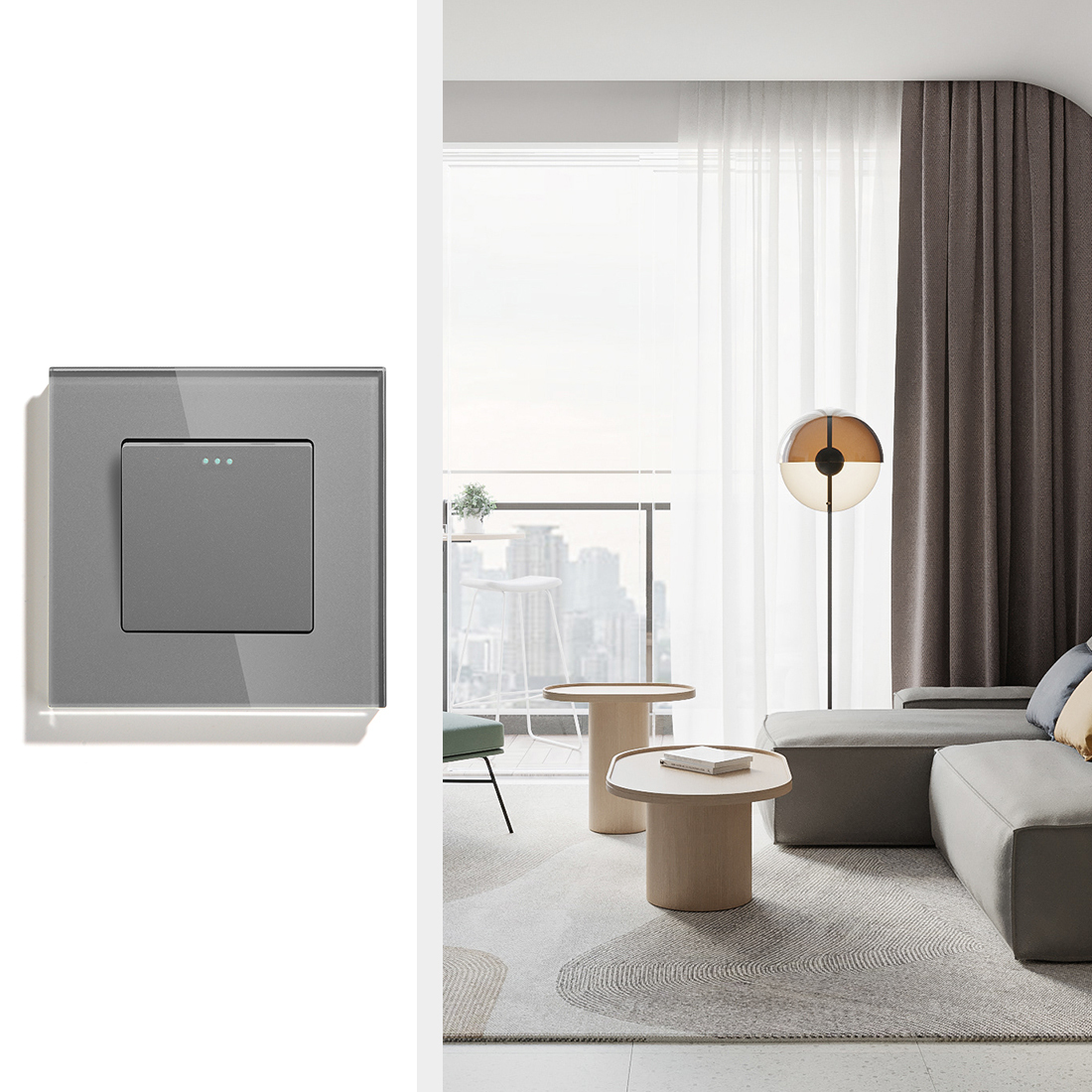 Купить Выключатель одноклавишный, 1 клавиша рамка стекло Серый в ...