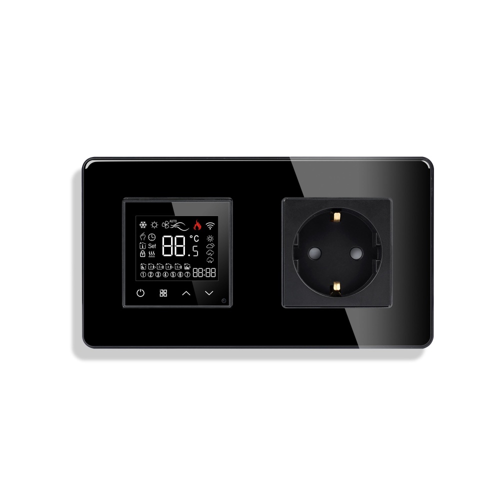 Купить Сенсорный Wi-Fi терморегулятор/термостат, с розеткой EU, рамка 157х86мм стекло 2.5D, цвет черный в интернет-магазине Mvava.ru