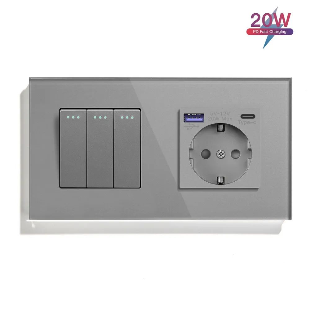 Купить Выключатель с розеткой USB и type-C, 3 клавиши 1 розетка быстрая зарядка 20w, 2 поста (М3+1F) рамка  в интернет-магазине Mvava.ru