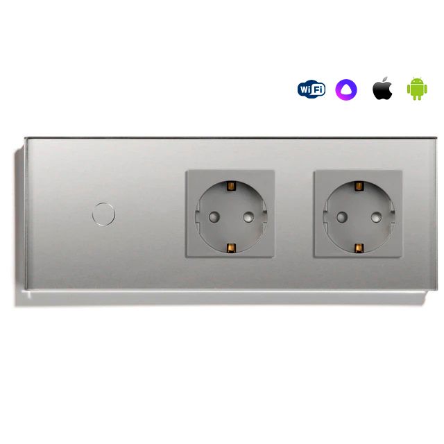 Купить Сенсорный выключатель WiFi 1 клавиша 2 розетки 3 поста (1G+2EU) стекло 228х86мм цвет серый в интернет-магазине Mvava.ru