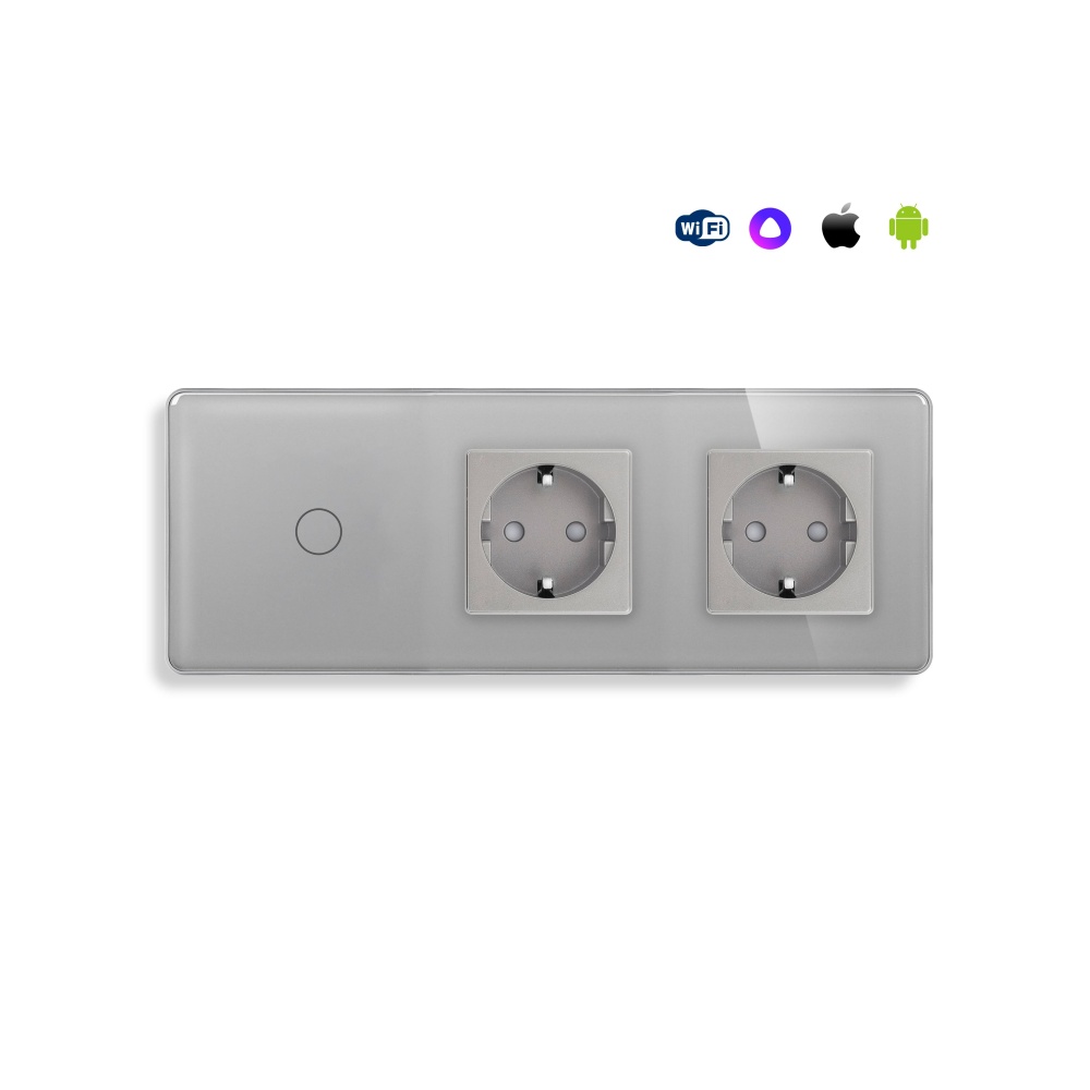 Купить Сенсорный выключатель WiFi с нулем 1кл. 2розетки 3поста (1G+2EU) стекло 2.5D 228х86мм цвет серый в интернет-магазине Mvava.ru