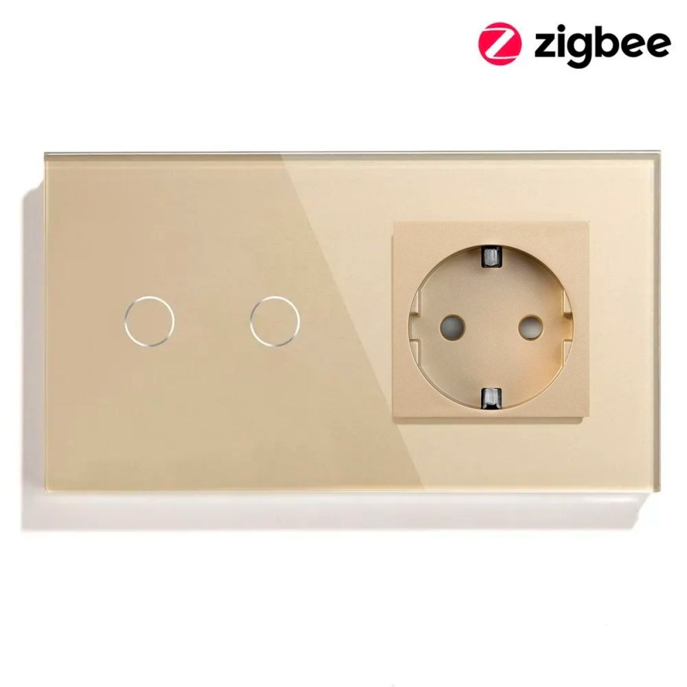 Купить Сенсорный выключатель ZigBee MVAVA 2кл. 1 розетка, 2 поста (2G+1EU) стекло 157х86мм цвет золотой в интернет-магазине Mvava.ru