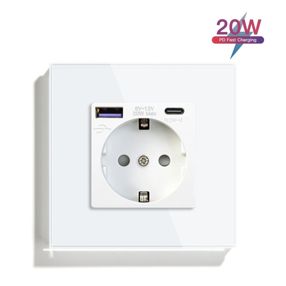 Купить Розетка электрическая 1 пост АC, быстрая зарядка 20W, стекло 86х86 мм, цвет белый в интернет-магазине Mvava.ru