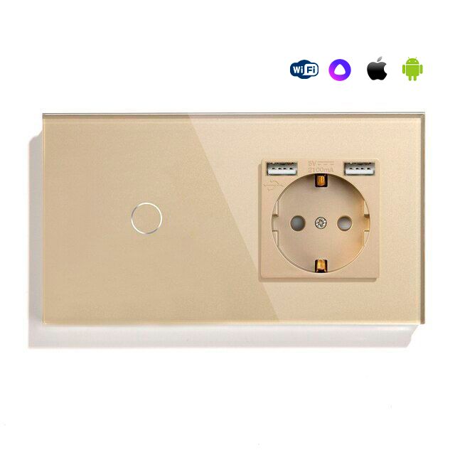 Купить Сенсорный выключатель WiFi с нулем 1кл. 1розетка 2поста (1G+1AA) стекло 157х86мм цвет золотой в интернет-магазине Mvava.ru