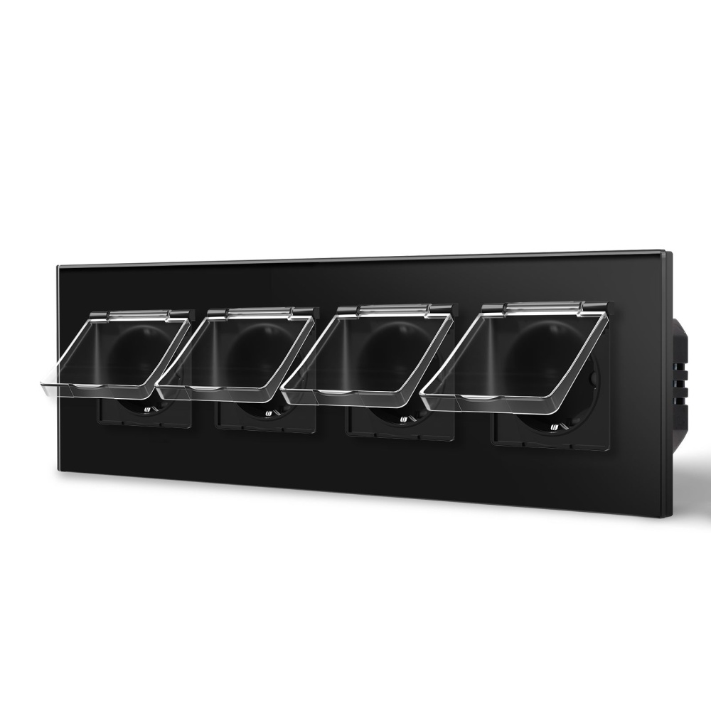 Купить Розетка влагозащищенная с крышкой, 4 поста, рамка 299х86 стекло, цвет черный в интернет-магазине Mvava.ru