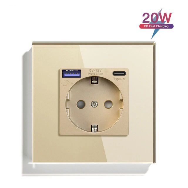 Купить Розетка электрическая 1 пост АC, быстрая зарядка 20W, стекло 86х86 мм, цвет золотой в интернет-магазине Mvava.ru