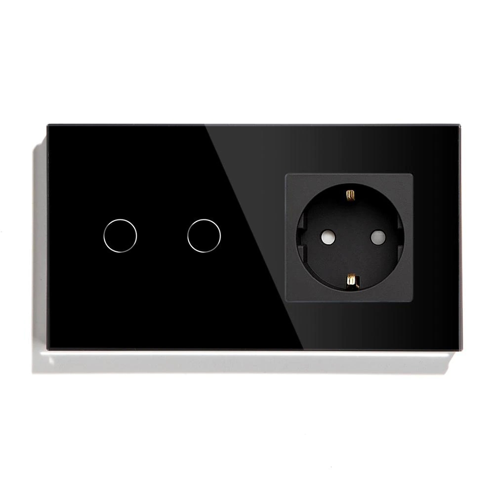 Купить Сенсорный выключатель с розеткой 2кл. 1 розетка, 2 поста (2G+1EU) стекло 157х86мм цвет черный в интернет-магазине Mvava.ru