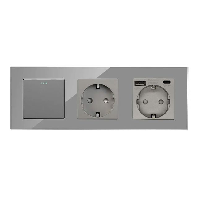 Купить Выключатель с розеткой, 1 клавиша 2 розетки c usb type-c, 3 поста (M1+2FAC) рамка стекло 228х86мм цв в интернет-магазине Mvava.ru