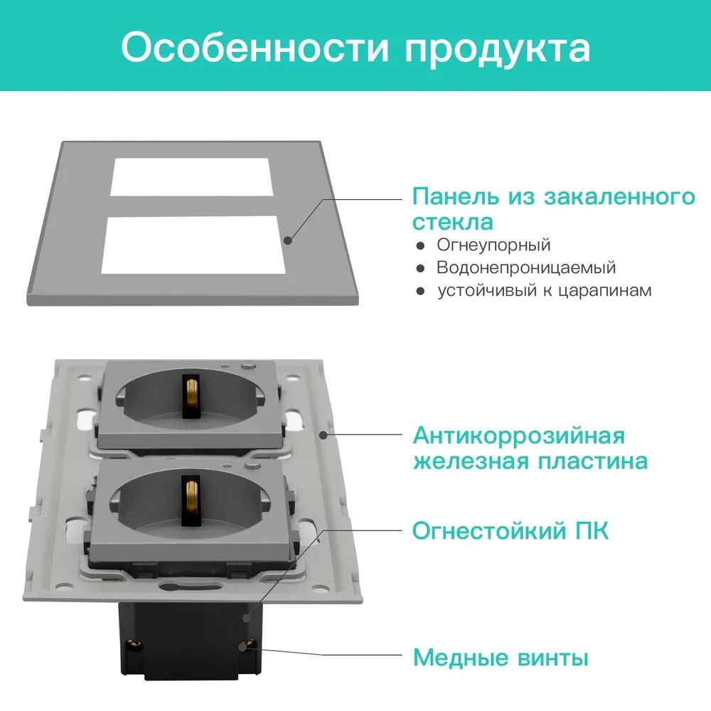 Купить Розетка ZigBee 2 поста, 16А рамка стекло 86х86мм цвет серый в интернет-магазине Mvava.ru