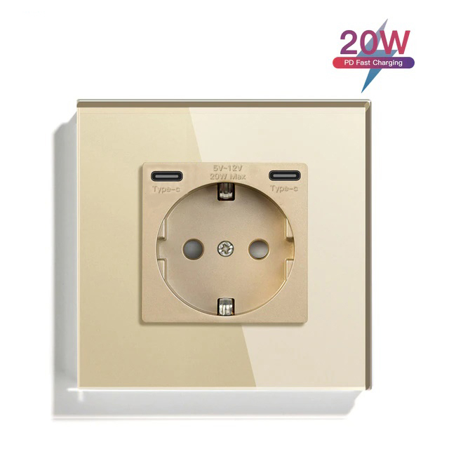 Купить Розетка электрическая 1 пост СC, быстрая зарядка 20W, стекло 86х86 мм, цвет золото в интернет-магазине Mvava.ru