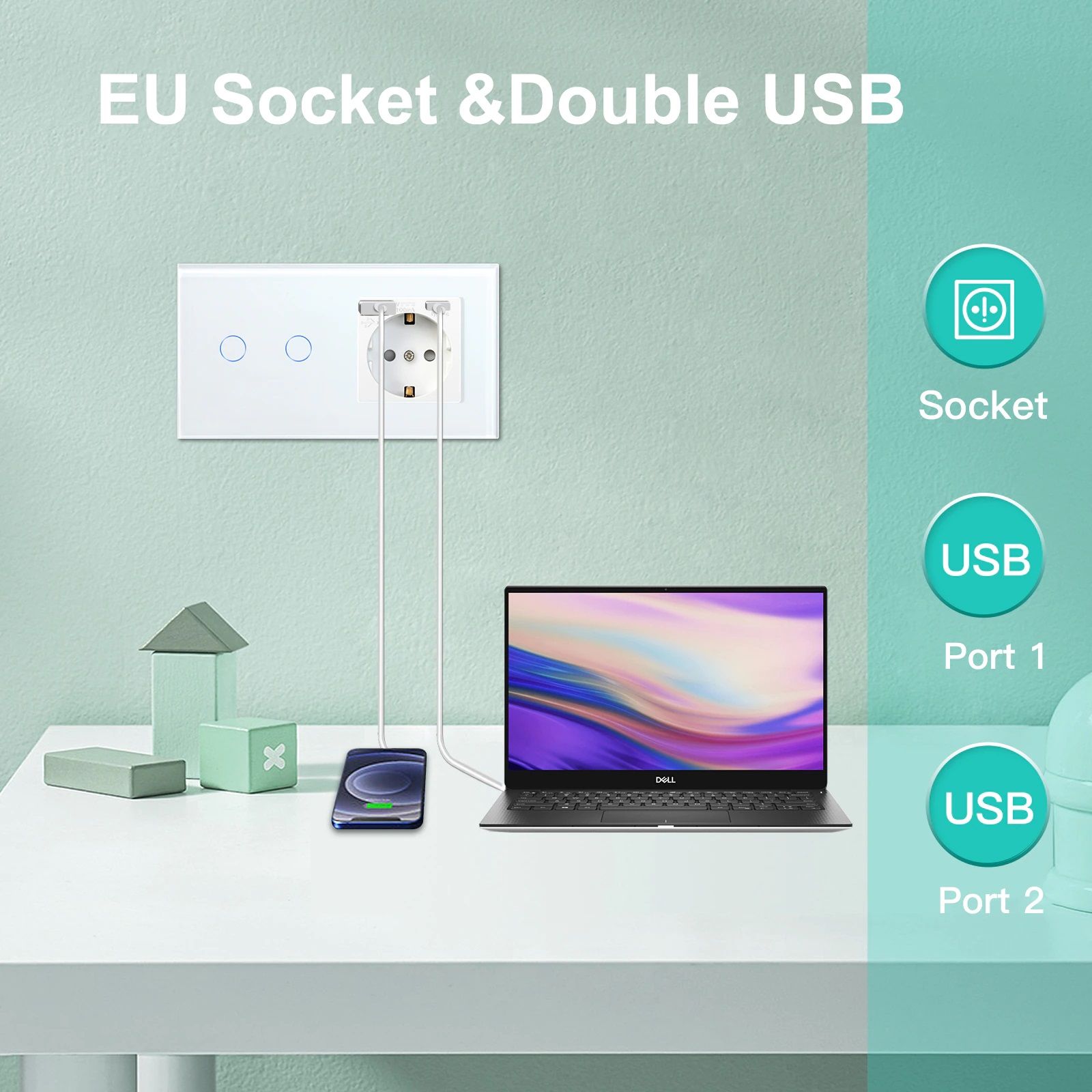 Купить Сенсорный выключатель с розеткой 1кл. 1 розетка, 2 поста (1G+1AA) стекло 157х86мм цвет белый в интернет-магазине Mvava.ru